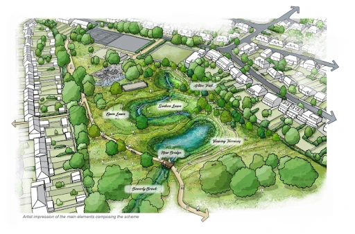 Artist's impression of the Cuddington Recreation Ground flood scheme, showing the Beverley Brook running through the park, a wetland, two basins, a new bridge on the path, and a route along the eastern side, with houses on all sides.
