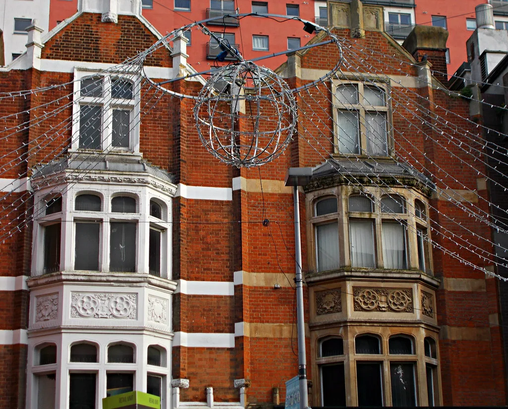Christmas decorations strung across Sutton High Street, where the Northend Market holds its Christmas market