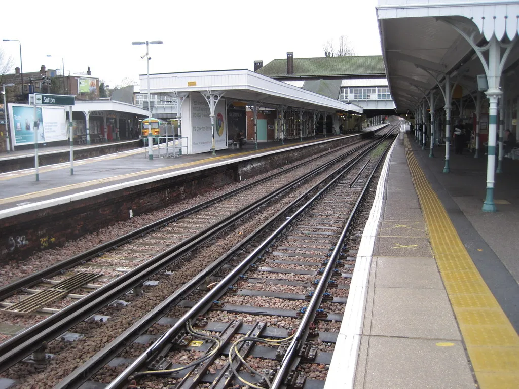 The platforms at Sutton station, with the tactile paving strip along the platform edge. The new audio guide describes the station's layout and facilities.